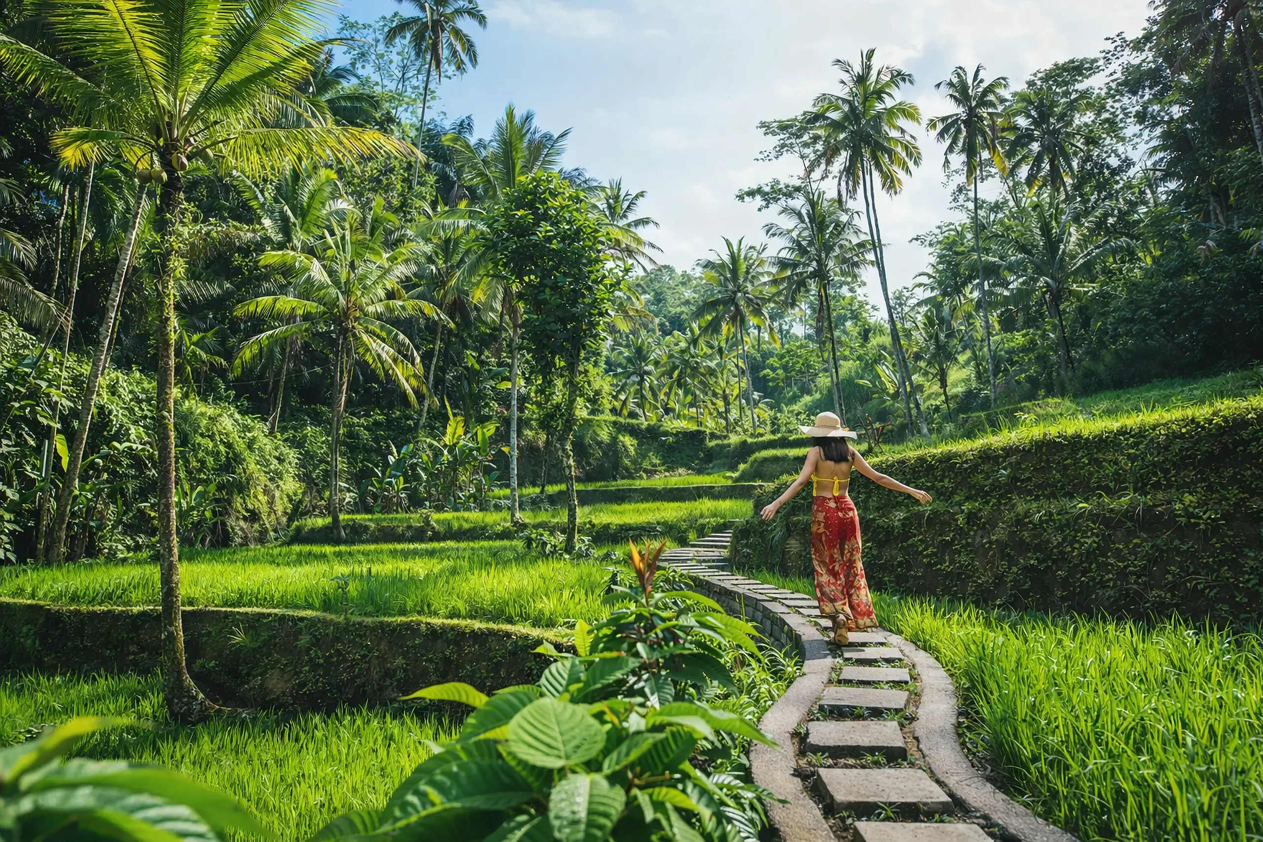 A traveller walking along a stone path through green rice terraces in Bali