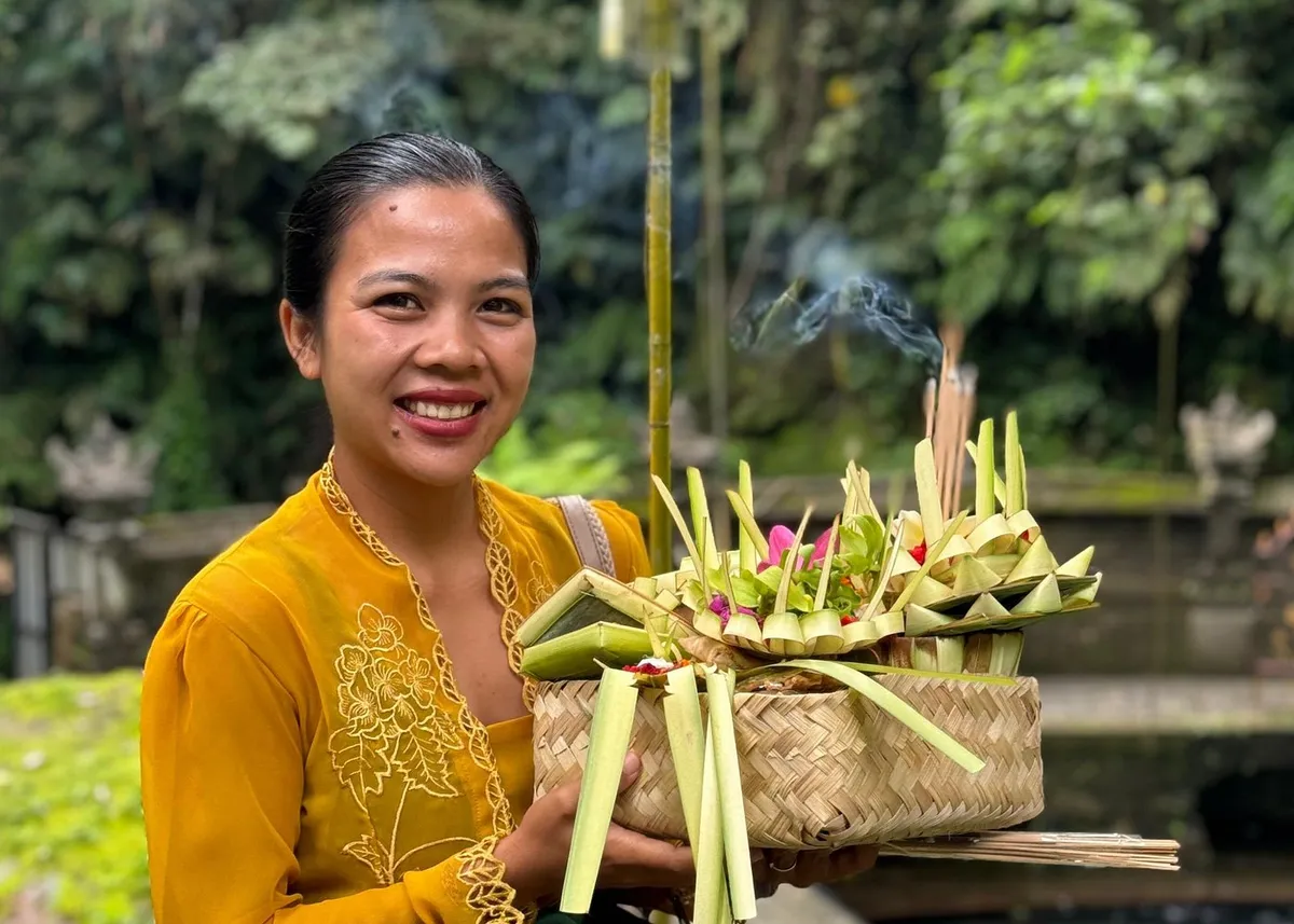 Overhead view of colourful canang sari offerings ready to be presented