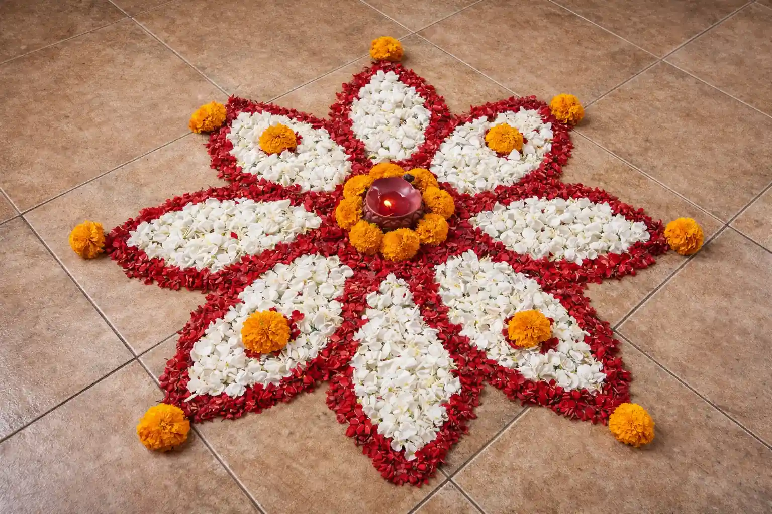 Fresh flower mandala set in the family temple before the session